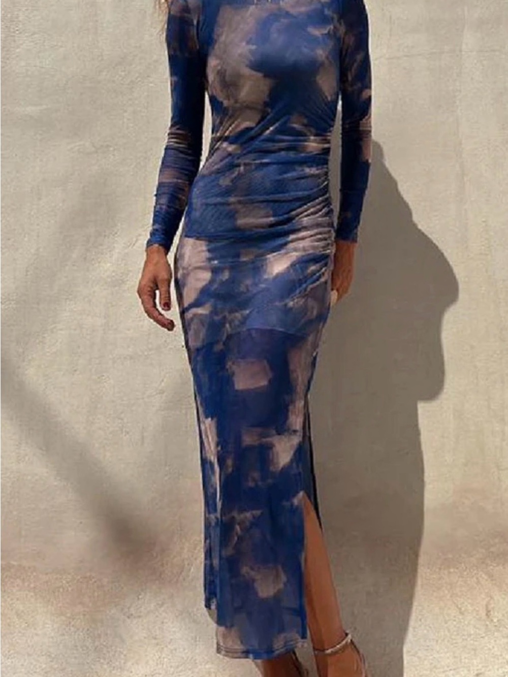 Charm Long Sleeve Blue Tie-Dye Bodycon Maxi Dress
